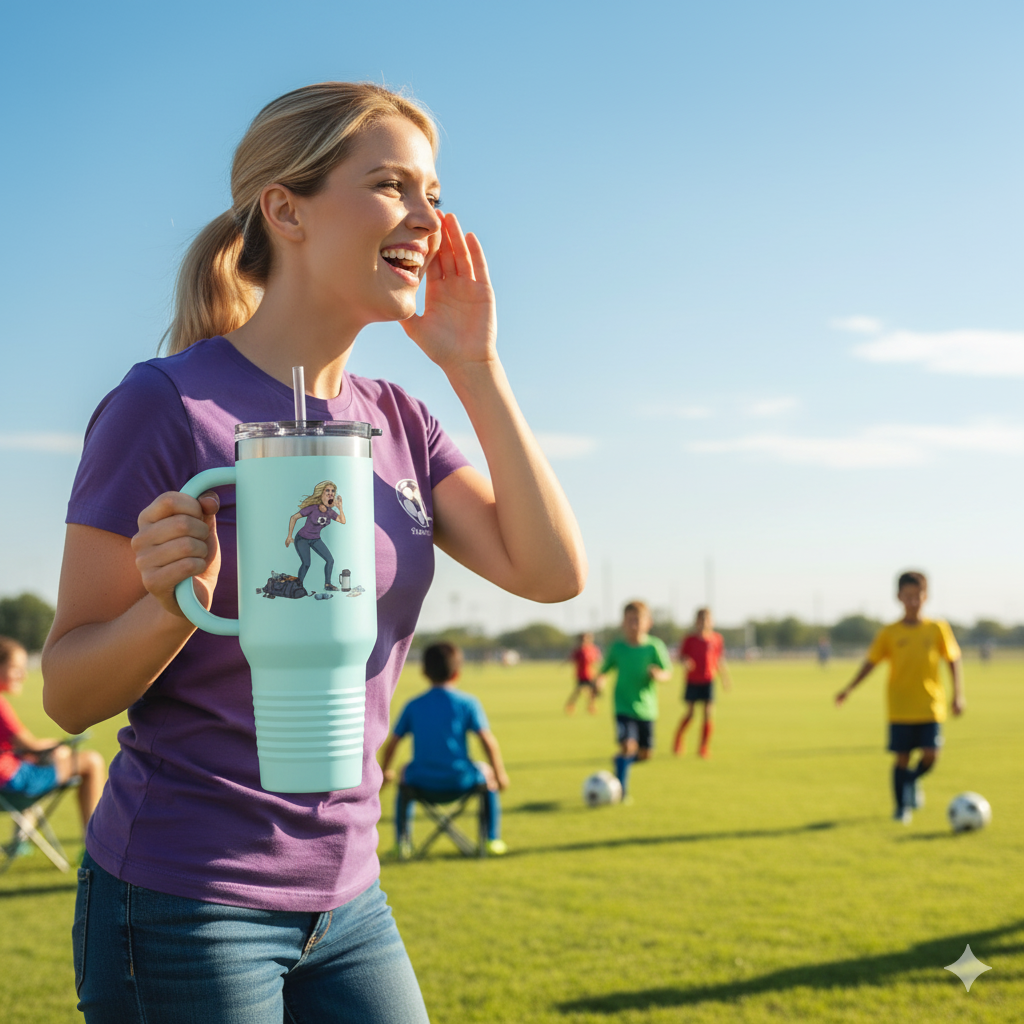 40oz Sports Mom Travel Tumbler – Insulated Tumbler with Handle, Hot & Cold Drink ware, Team Mom Gift