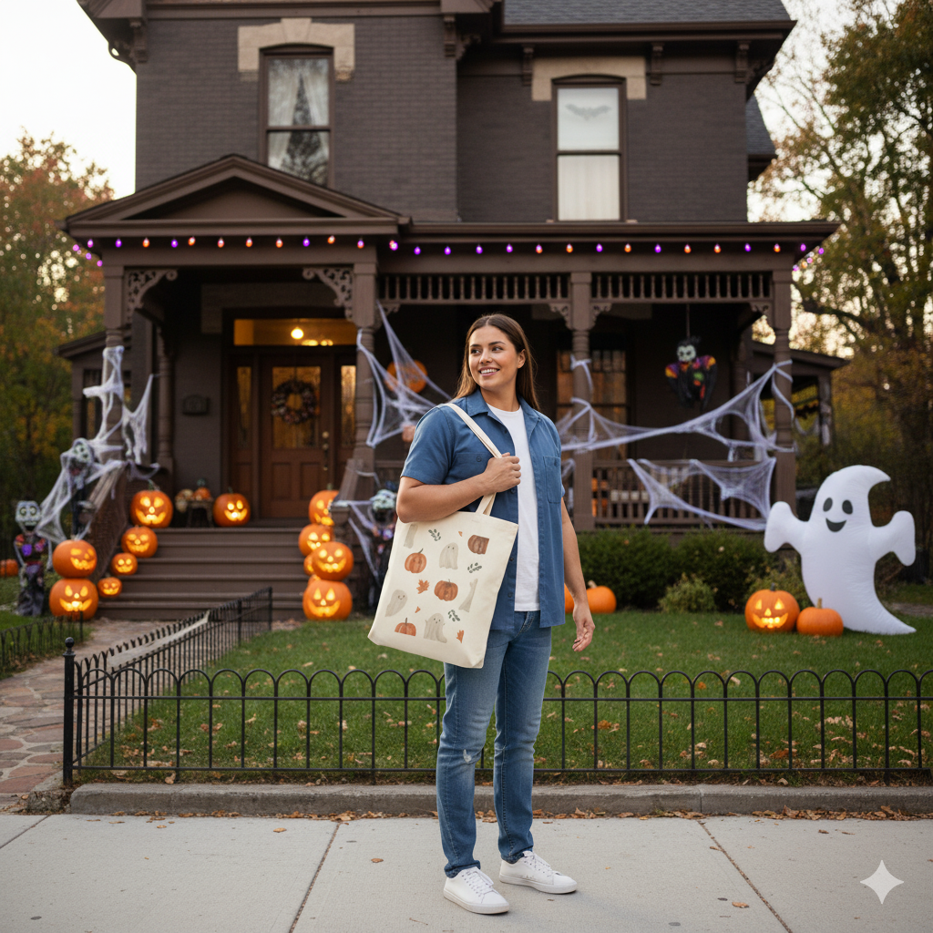 Halloween Pumpkin & Ghost Tote Bag – Eco-Friendly Fall Canvas Bag, Spooky Cute Reusable Tote
