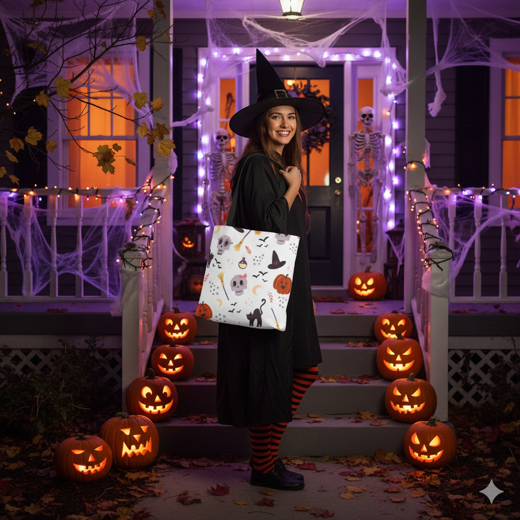Halloween Tote Bag – Spooky All Over Print, Durable Reusable Trick-or-Treat Bag