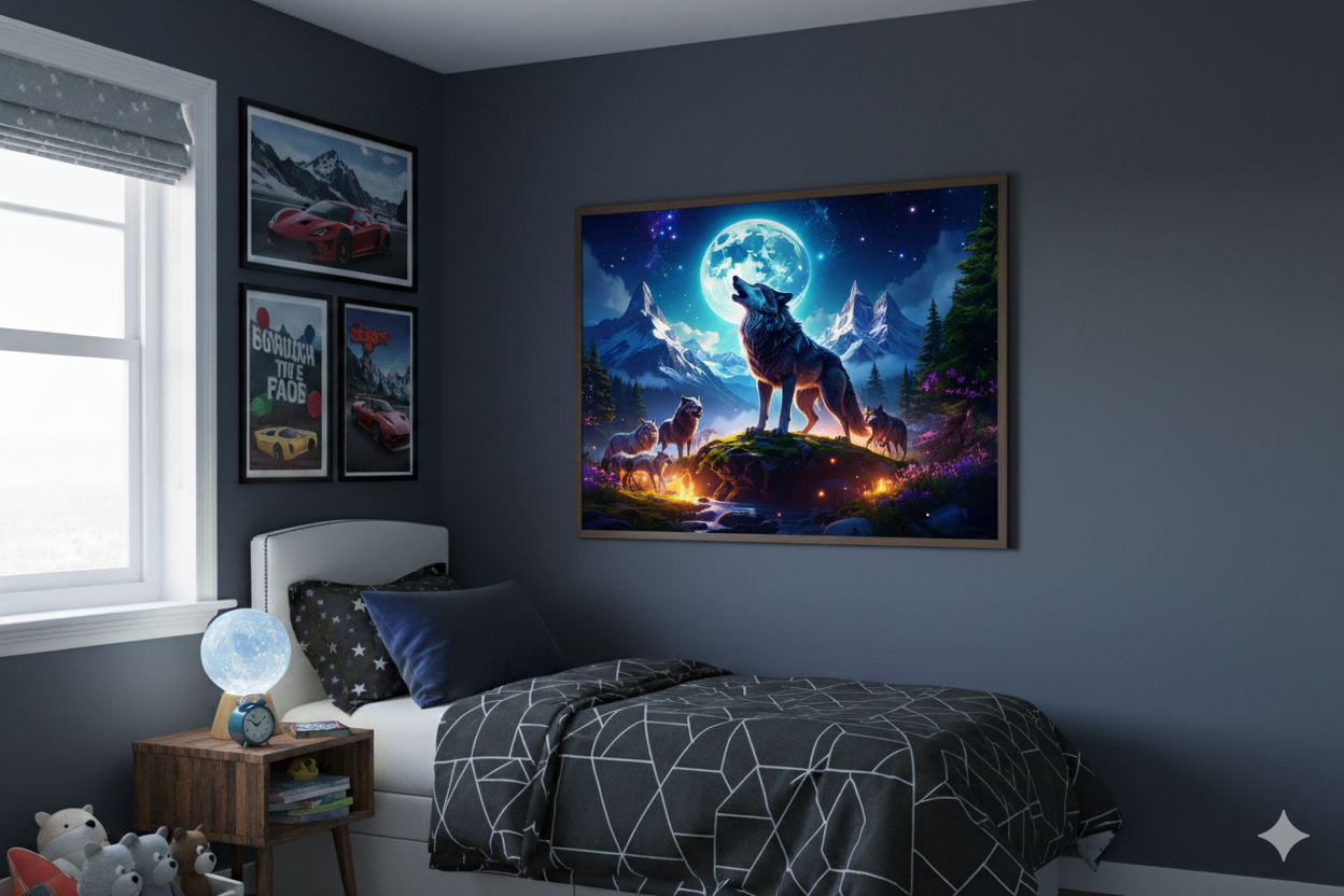 Wolf Moon Satin Poster | Fantasy Wall Art | Night Sky Decor | Wolf Lover Gift | Nature-Inspired Home Aesthetic
