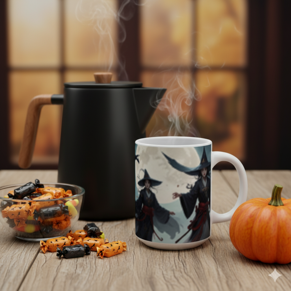Mystical Witch Mug | 15oz Ceramic Coffee Cup | Moonlit Witch Design | Halloween Drinkware | Fantasy Gift for Witch Lovers