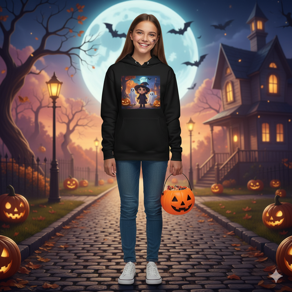 Youth Halloween Hoodie | Cute Ghost & Witch Design | Trick-or-Treat Sweatshirt | Cozy Fall Hoodie for Kids | Spooky Season Apparel