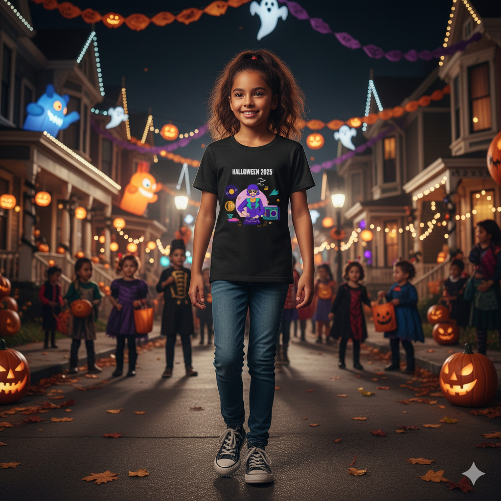 Halloween Trick-or-Treat Youth T-Shirt – Cute Witch & Ghost Graphic, Spooky Kids Halloween T-Shirt