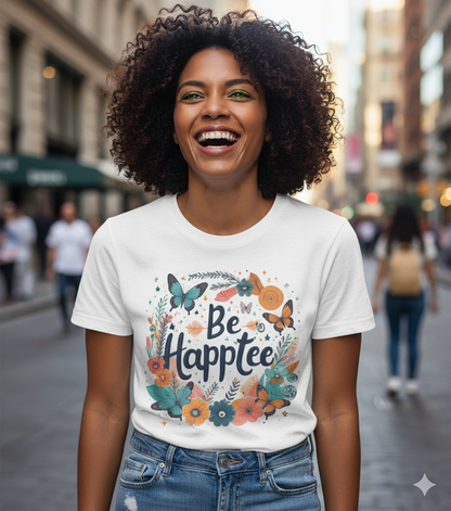 Bruntee “Be Happtee” Floral Tee – Women’s Inspirational Graphic Shirt, Casual Summer Top, Gift for Her