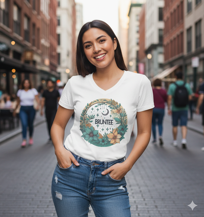 Bruntee Botanical V-Neck Tee – Women’s Floral Graphic Shirt, Casual Nature-Inspired Top, Gift for Her