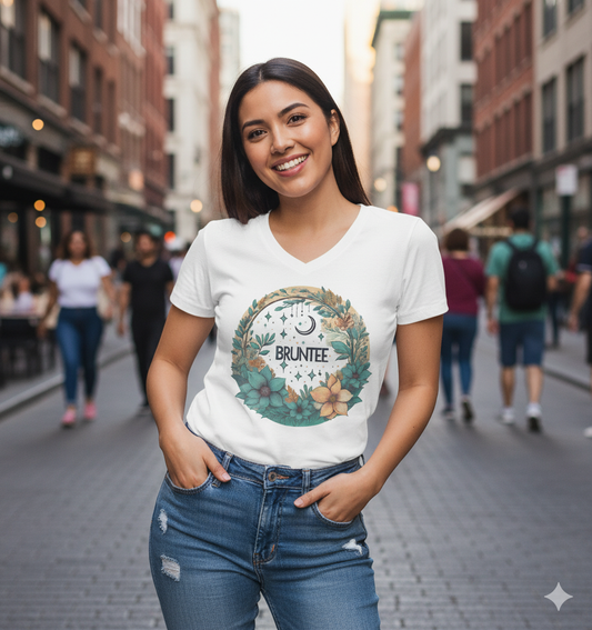 Bruntee Botanical V-Neck Tee – Women’s Floral Graphic Shirt, Casual Nature-Inspired Top, Gift for Her