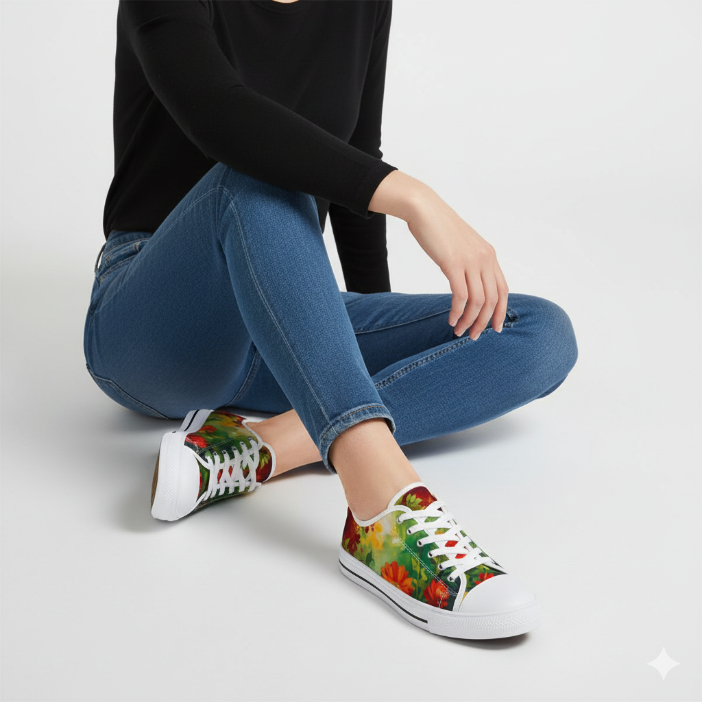 Vibrant Floral Women’s Low Top Sneakers | Colorful Casual Shoes, Comfortable Everyday Footwear & Unique Gift for Her