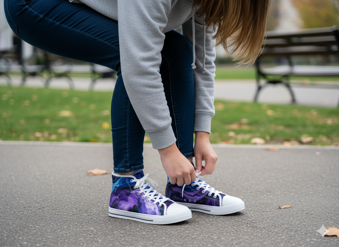 Women’s High Top Sneakers | Abstract Purple & Dark Blue Design, Stylish Casual Footwear & Trendy Streetwear Shoes