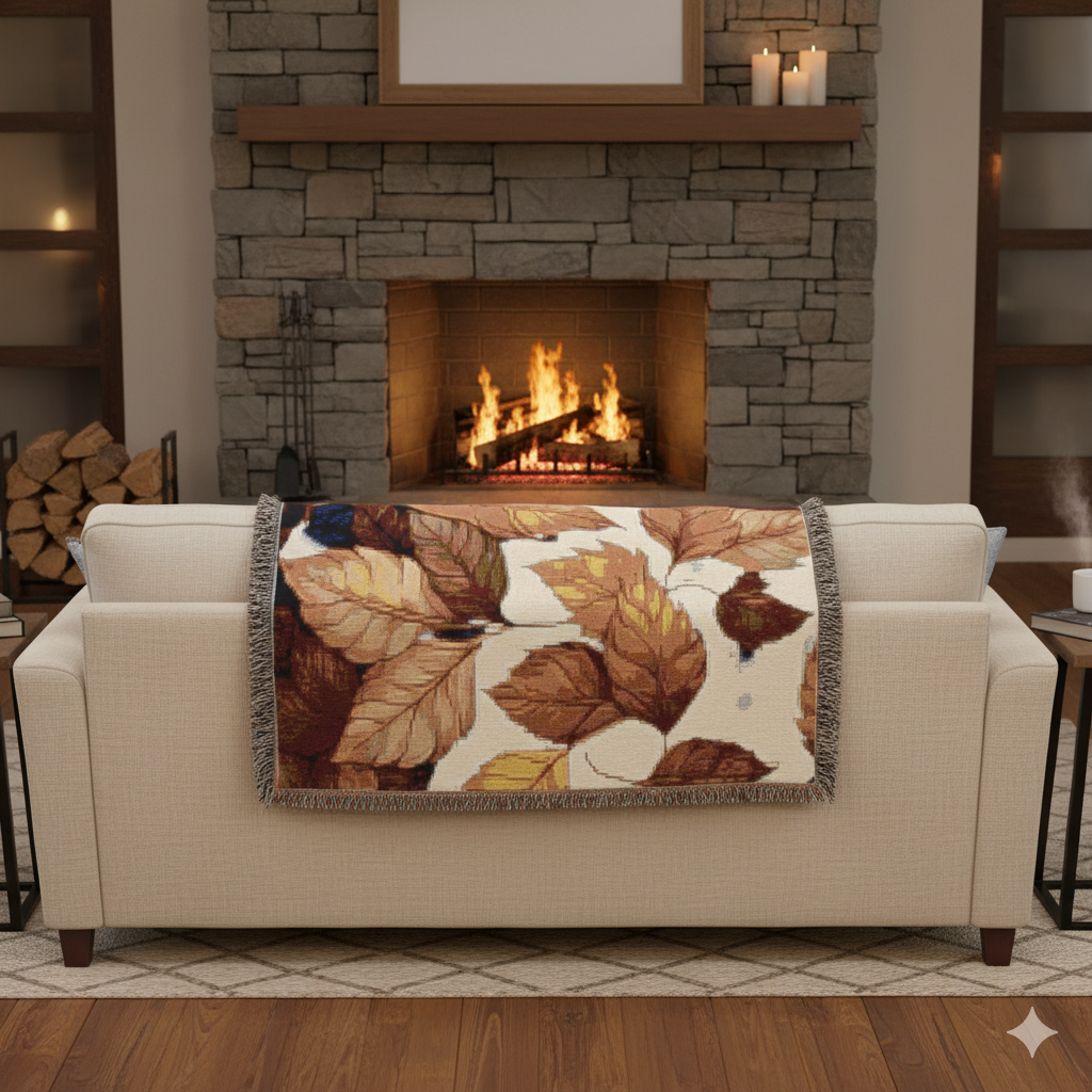 Autumn Leaves Woven Blanket – Cozy Cotton Throw, Fall Home Décor, Seasonal Gift