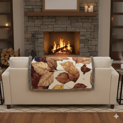 Autumn Leaves Woven Blanket – Cozy Cotton Throw, Fall Home Décor, Seasonal Gift