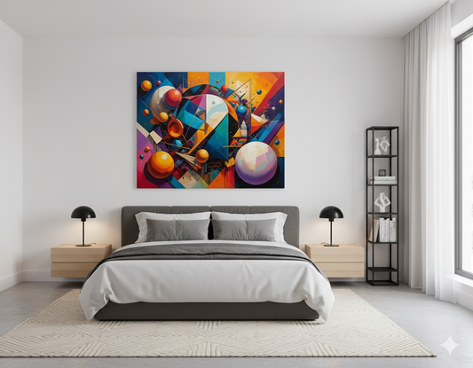 Cosmic Dance Satin Canvas – Abstract Geometric Wall Art, Colorful Modern Home Décor, Artistic Gift for Art Lovers