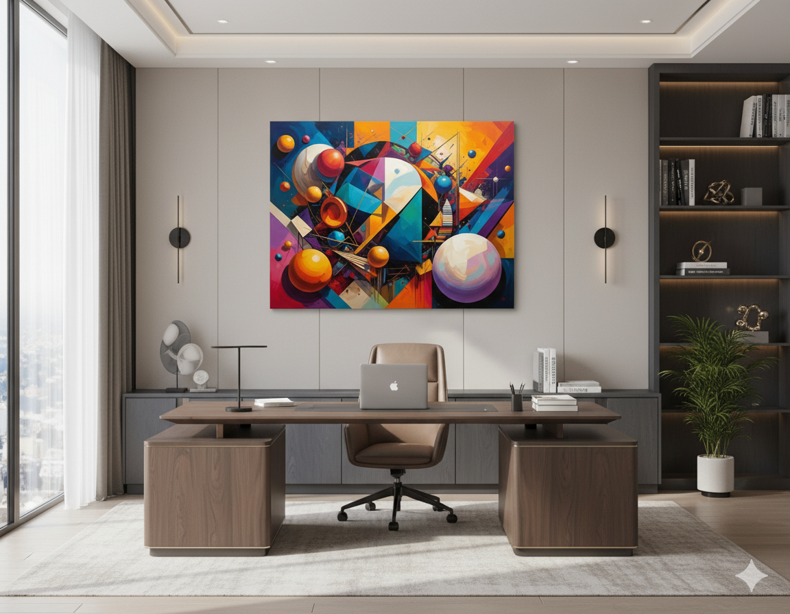 Cosmic Dance Satin Canvas – Abstract Geometric Wall Art, Colorful Modern Home Décor, Artistic Gift for Art Lovers