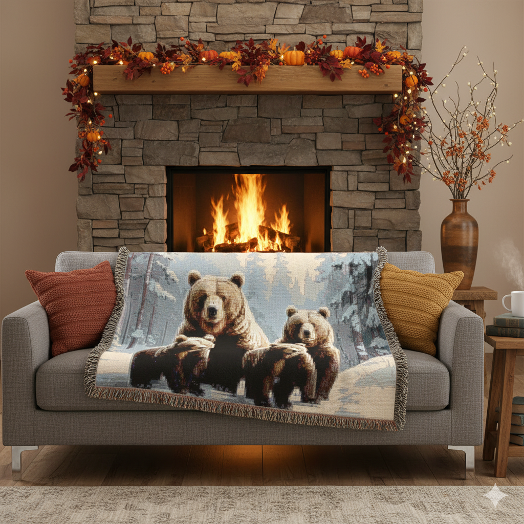 Cozy Bear Woven Blanket, Rustic Cabin Décor, Wildlife Throw, Woodland Animal Gift, Cotton Sofa Blanket, Nature Inspired Home Comfort