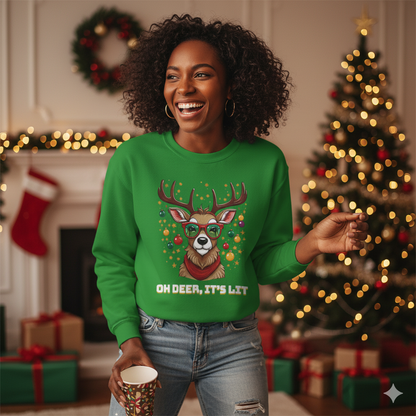 Bruntee Oh Deer, It’s Lit Christmas Sweatshirt – Funny Holiday Crewneck, Cozy Winter Gift, Festive Reindeer Sweater for Men & Women