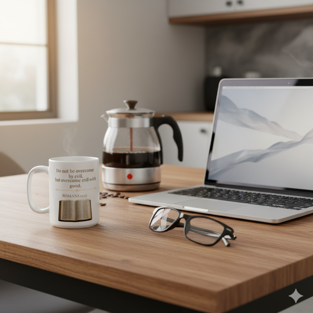 Romans 12:21 Ceramic Mug – Christian Coffee Cup, Faith Home Décor, Inspirational Gift for Him or Her