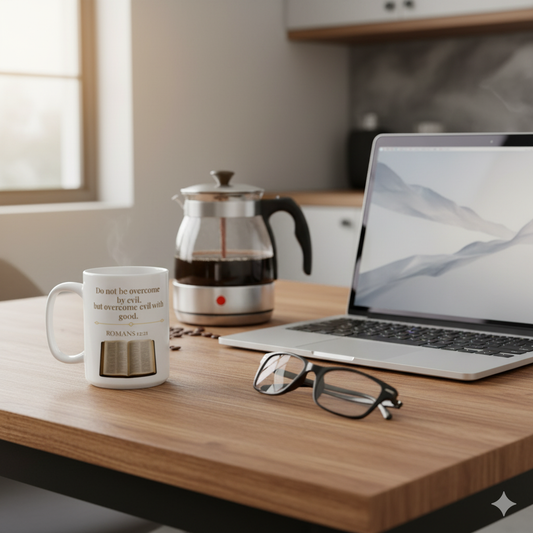 Romans 12:21 Ceramic Mug – Christian Coffee Cup, Faith Home Décor, Inspirational Gift for Him or Her