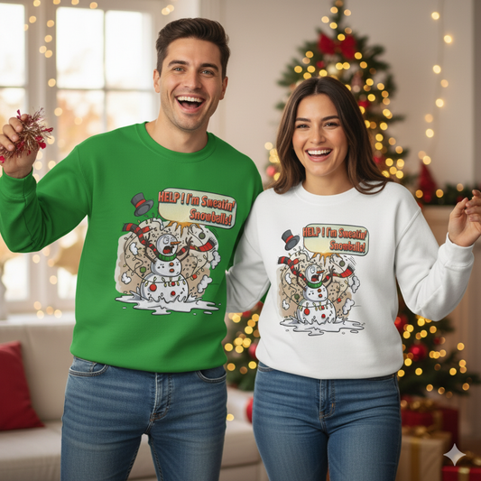 Funny Christmas Crewneck Sweatshirt – “Help! I’m Sweatin’ Snowballs!” | Unisex Ugly Sweater | Holiday Humor Gift for Men, Women & Teens | Bruntee