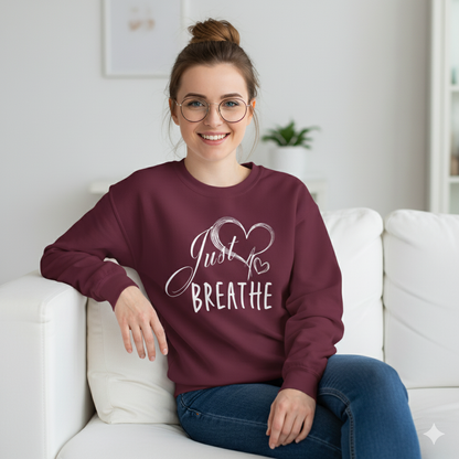 Just Breathe Women’s Crewneck Sweatshirt, Cozy Inspirational Pullover by Bruntee, Mindfulness & Self-Care Apparel, Relaxation Gift for Her