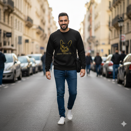 Bruntee “Good Vibes Only” Men's Crewneck Sweatshirt | Dog Lover, French Bulldog Graphic, Cotton-Poly Blend