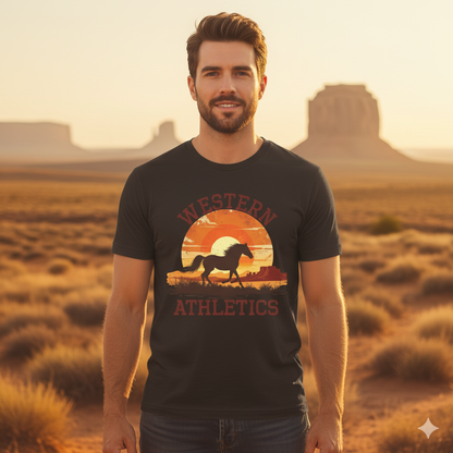 Western Athletics Horse Graphic Tee | Vintage Cowboy Sunset Shirt | Casual Unisex Equestrian T-Shirt