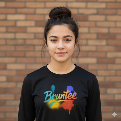 Vibrant Girls Long Sleeve Tee | Bruntee Color Splash Design | Lightweight Athletic Youth Shirt