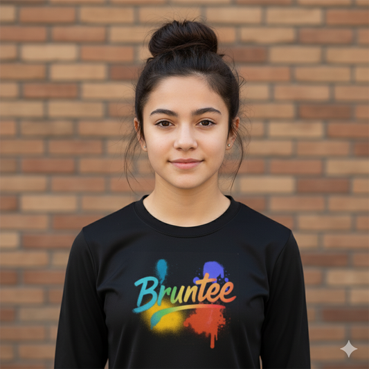 Vibrant Girls Long Sleeve Tee | Bruntee Color Splash Design | Lightweight Athletic Youth Shirt