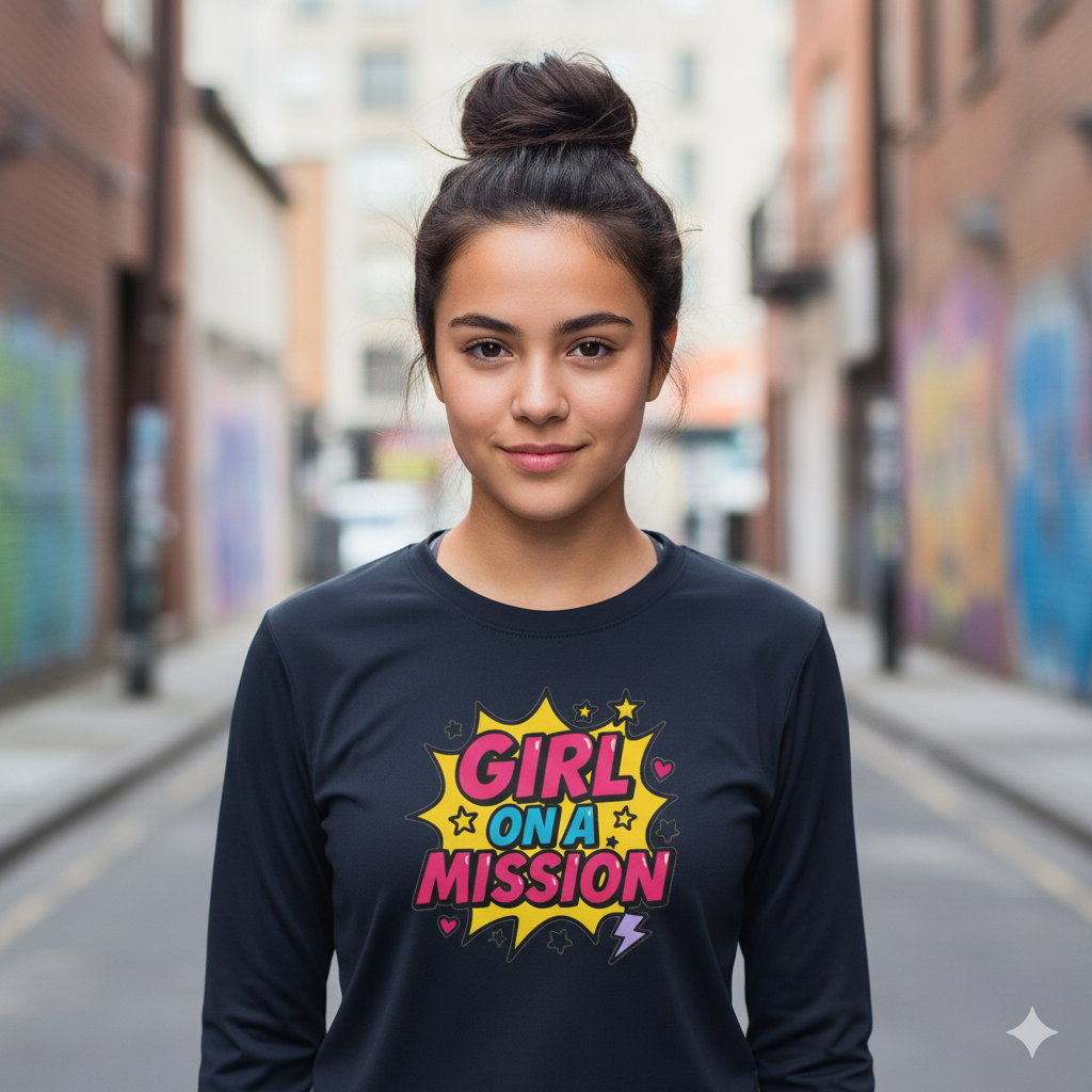 Girl on a Mission Youth Long Sleeve Tee | Motivational Kids Shirt | Fun Activewear for Girls