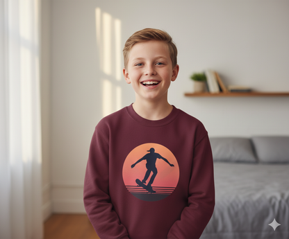 Boy’s Crewneck Sweatshirt – Maroon Skateboard Sunset