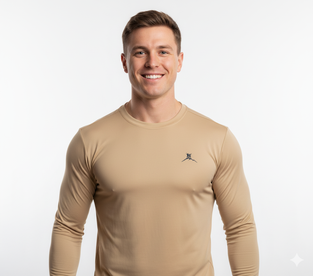 Bruntee Men’s Chest Logo Long Sleeve Shirt – Classic Tan | Lightweight Quick-Dry Performance Top