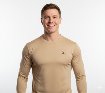 Bruntee Men’s Chest Logo Long Sleeve Shirt – Classic Tan | Lightweight Quick-Dry Performance Top