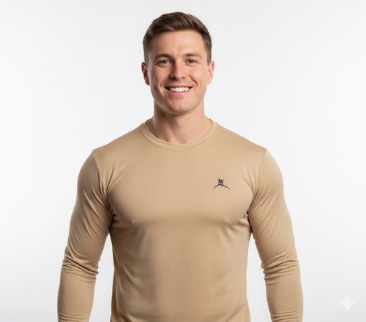 Bruntee Men’s Chest Logo Long Sleeve Shirt – Classic Tan | Lightweight Quick-Dry Performance Top