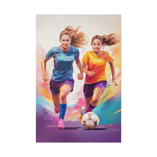 Girls Soccer Canvas Wall Art – Dynamic Sports Print for Kids Room, Colorful Inspirational Decor