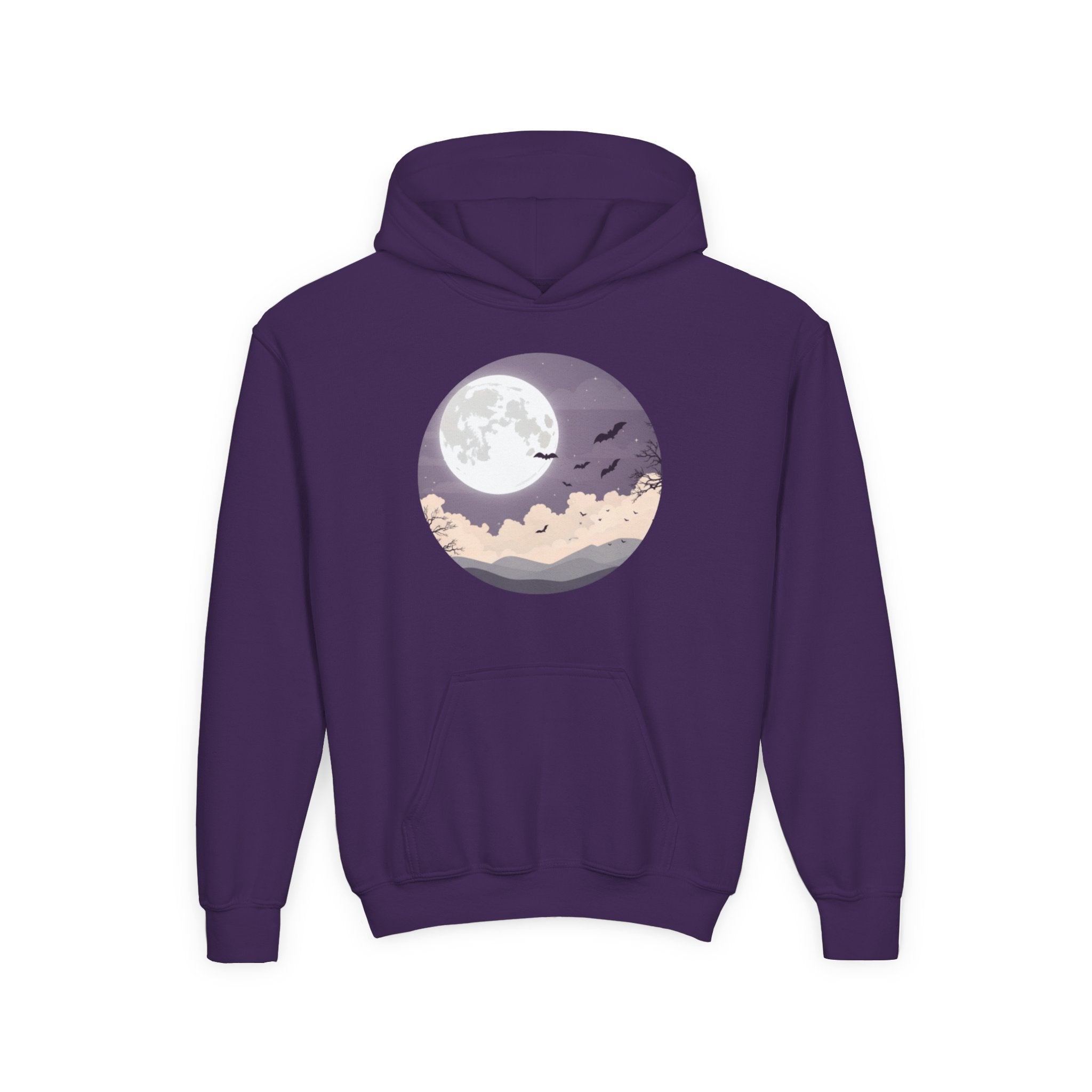 Moonlit Night Youth Hoodie – Cozy Kids Hooded Sweatshirt, Halloween Moon Graphic Hoodie, Fall & Winter Outfit for Boys and Girls