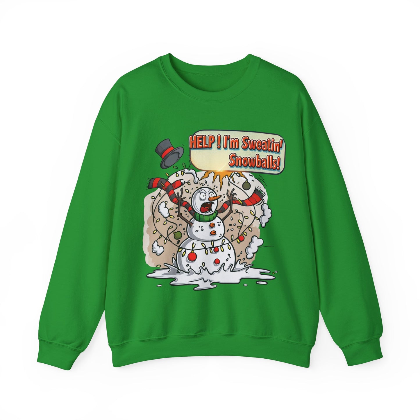 Funny Christmas Crewneck Sweatshirt – “Help! I’m Sweatin’ Snowballs!” | Unisex Ugly Sweater | Holiday Humor Gift for Men, Women & Teens | Bruntee