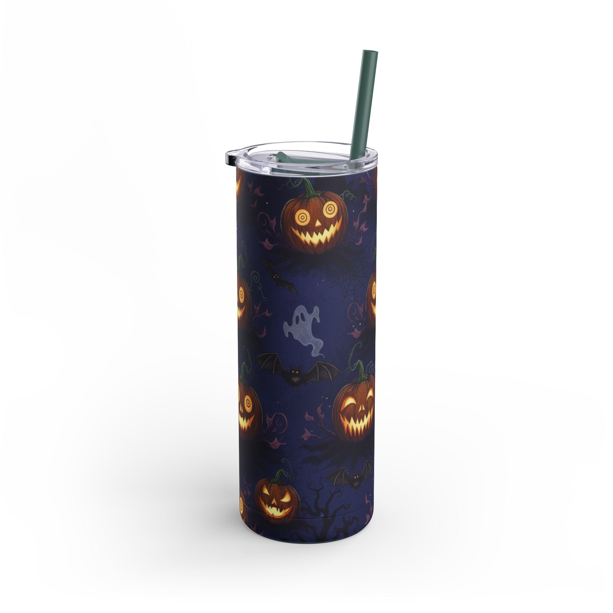 Halloween Pumpkin Skinny Tumbler – 20oz Spooky Stainless Steel Cup with Straw