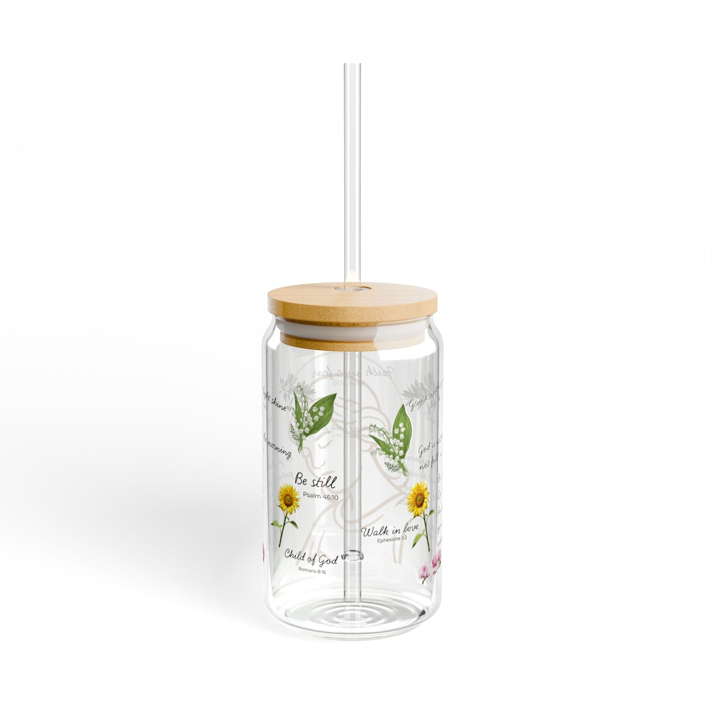 Faith-Inspired Floral Sipper Glass, 16oz – Elegant Christian Drinkware, Eco-Friendly Glass Cup with Bamboo Lid & Straw