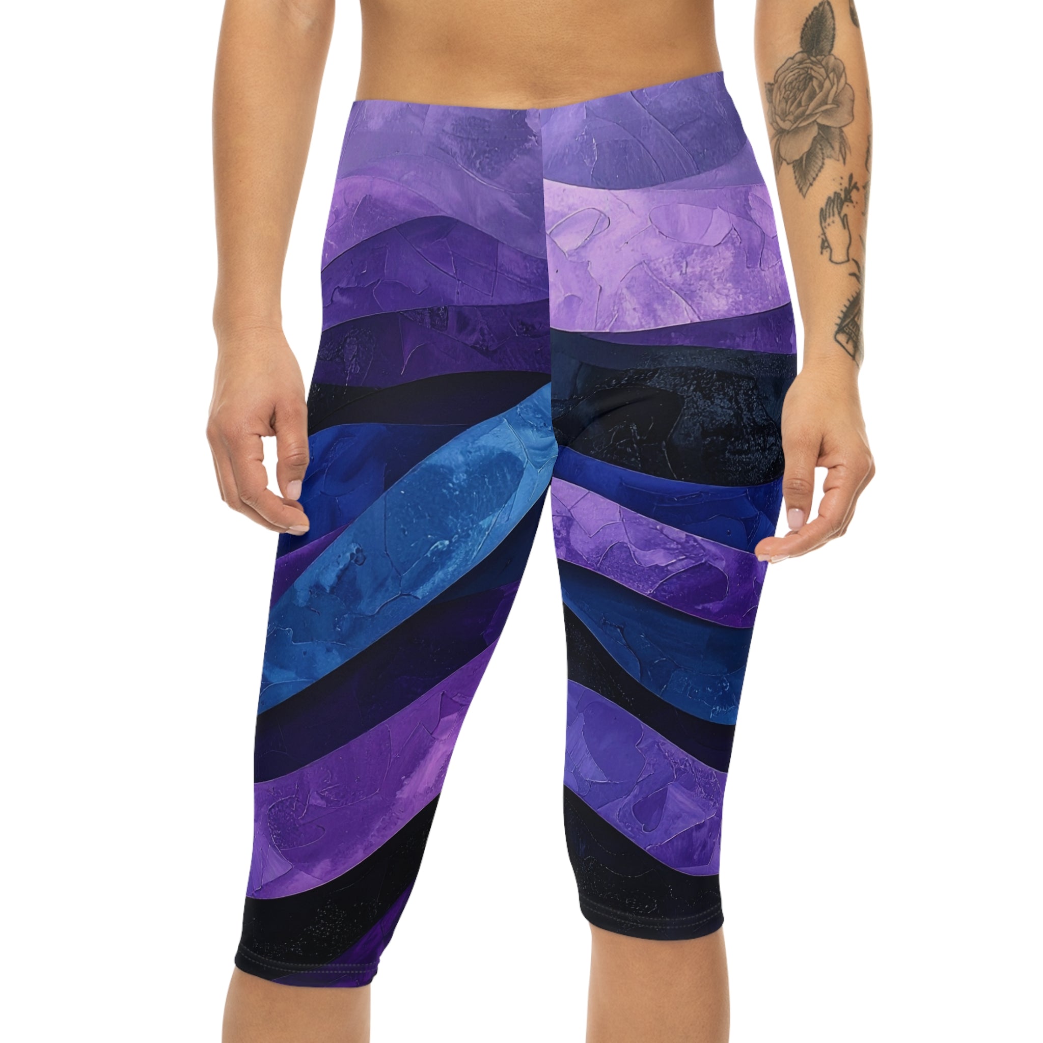 Vibrant Purple Wave Women’s Capri Leggings | Stylish Yoga Pants, Fitness Apparel & Casual Summer Wear