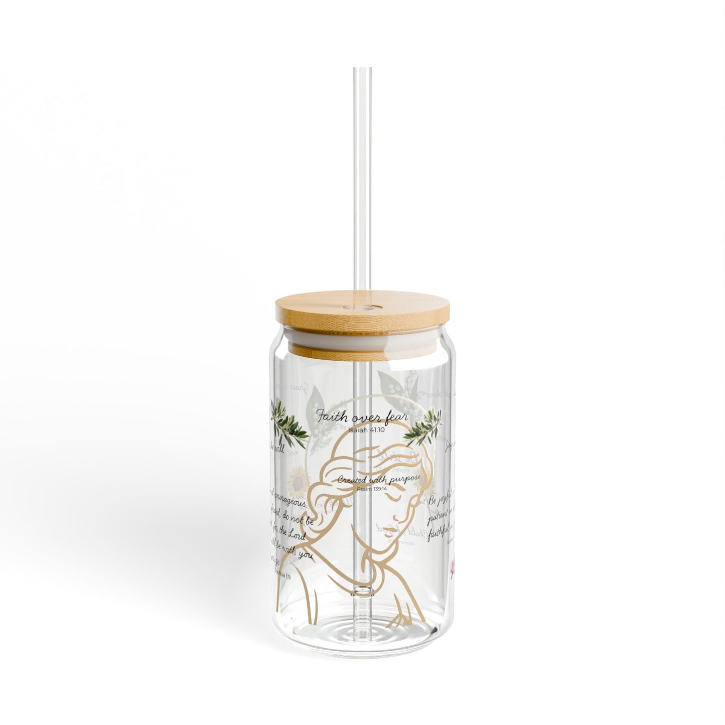 Faith-Inspired Floral Sipper Glass, 16oz – Elegant Christian Drinkware, Eco-Friendly Glass Cup with Bamboo Lid & Straw