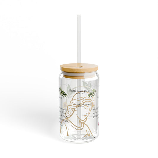 Faith-Inspired Floral Sipper Glass, 16oz – Elegant Christian Drinkware, Eco-Friendly Glass Cup with Bamboo Lid & Straw