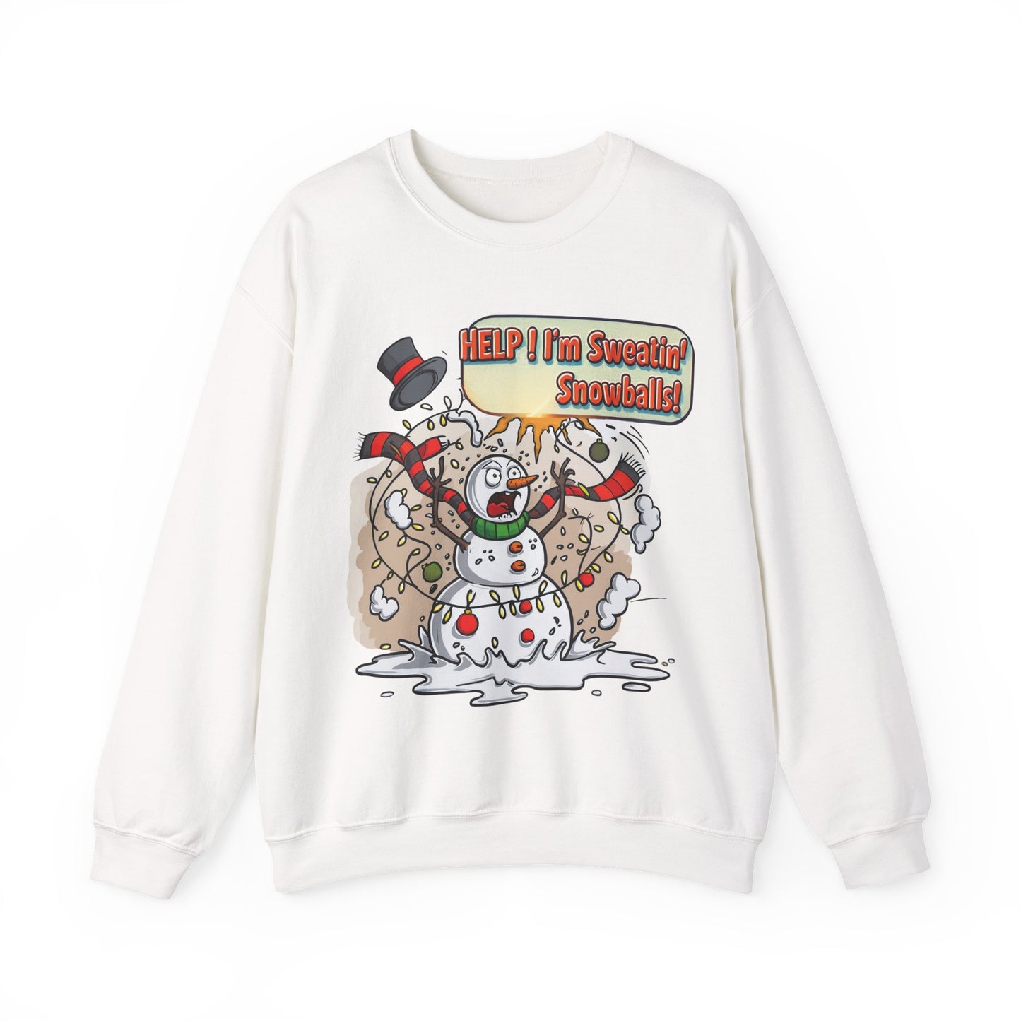 Funny Christmas Crewneck Sweatshirt – “Help! I’m Sweatin’ Snowballs!” | Unisex Ugly Sweater | Holiday Humor Gift for Men, Women & Teens | Bruntee