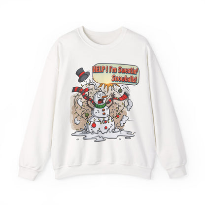 Funny Christmas Crewneck Sweatshirt – “Help! I’m Sweatin’ Snowballs!” | Unisex Ugly Sweater | Holiday Humor Gift for Men, Women & Teens | Bruntee
