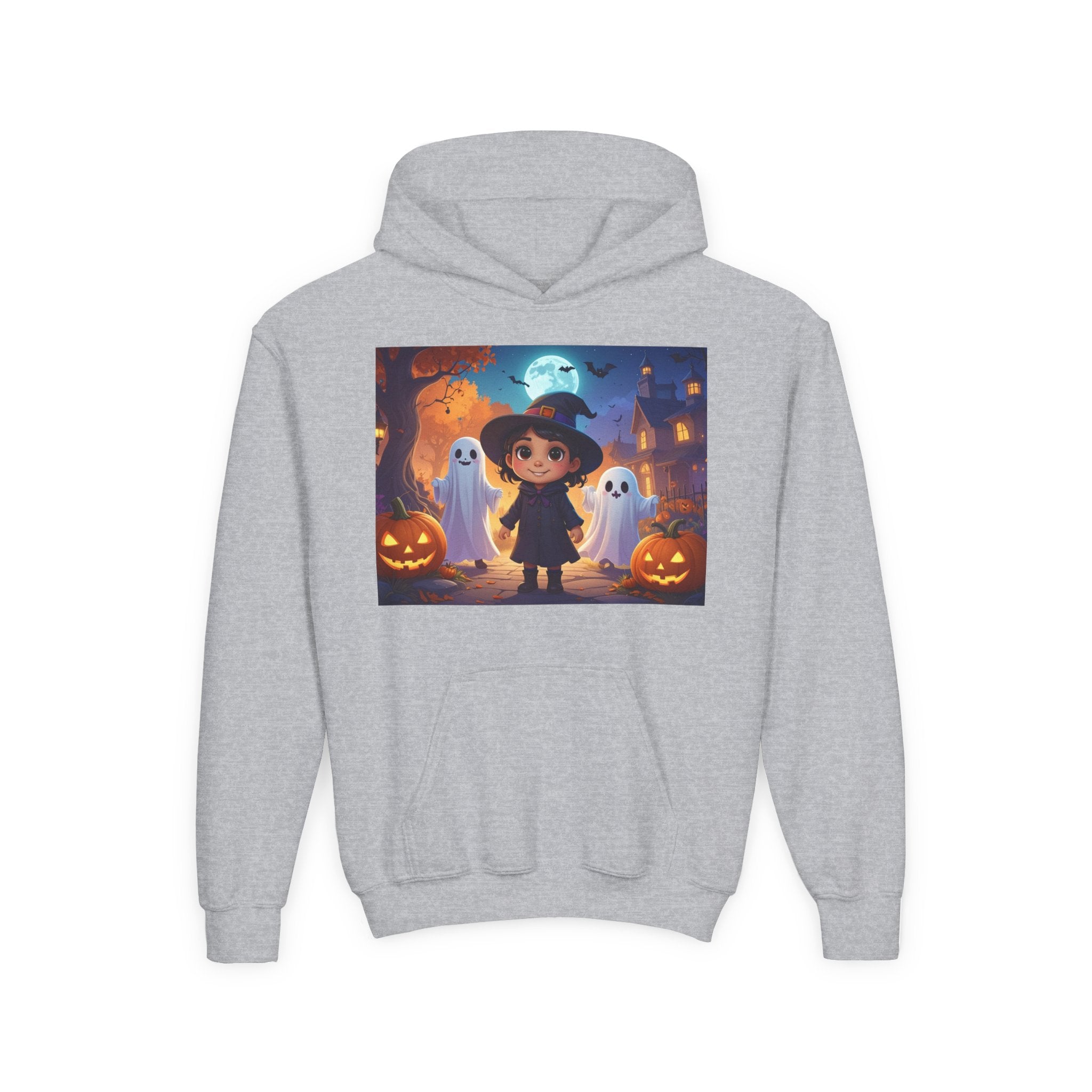 Youth Halloween Hoodie | Cute Ghost & Witch Design | Trick-or-Treat Sweatshirt | Cozy Fall Hoodie for Kids | Spooky Season Apparel