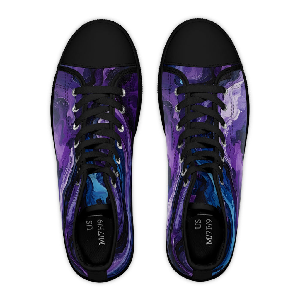 Women’s High Top Sneakers | Abstract Purple & Dark Blue Design, Stylish Casual Footwear & Trendy Streetwear Shoes