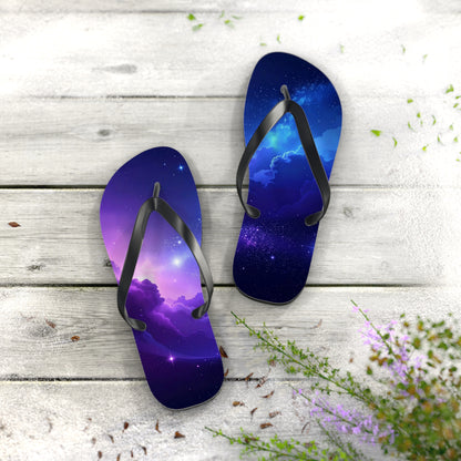 Galaxy Print Flip Flops | Cosmic Summer Sandals | Space-Themed Beach Footwear | Trendy Vacation Slides | Celestial Gift for Him or Her