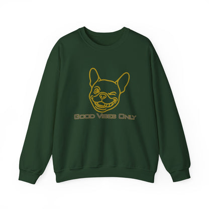 Bruntee “Good Vibes Only” Men's Crewneck Sweatshirt | Dog Lover, French Bulldog Graphic, Cotton-Poly Blend