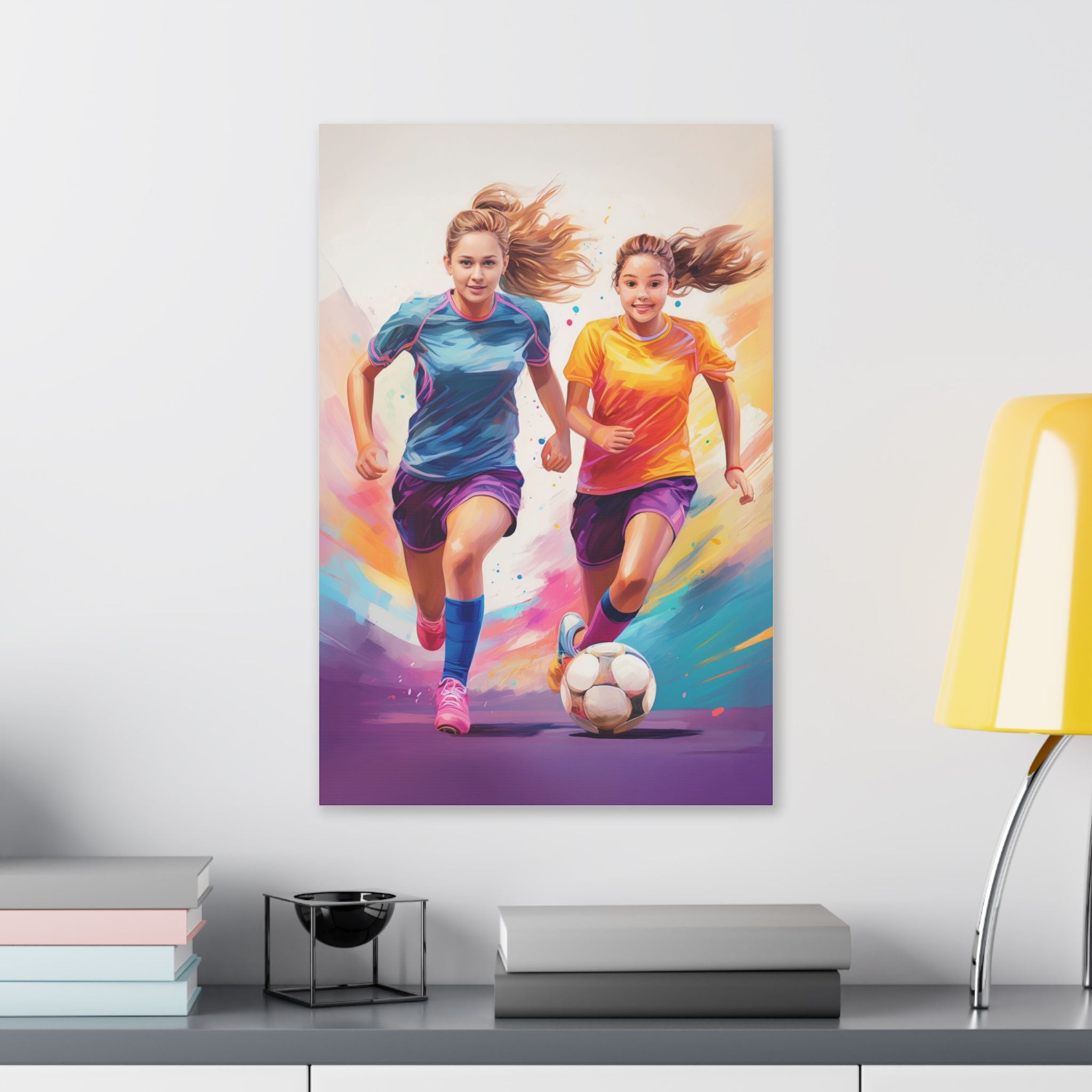 Girls Soccer Canvas Wall Art – Dynamic Sports Print for Kids Room, Colorful Inspirational Decor