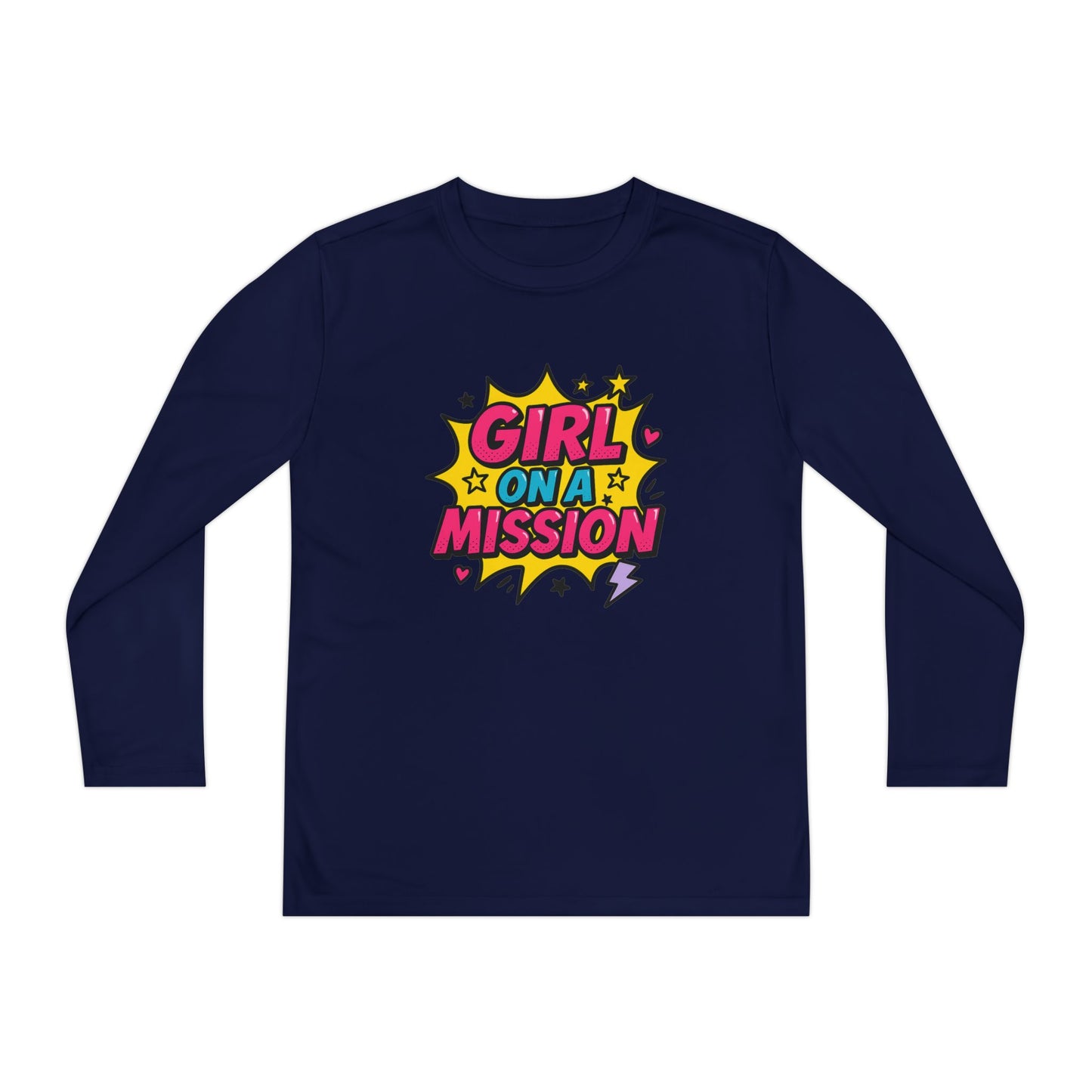 Girl on a Mission Youth Long Sleeve Tee | Motivational Kids Shirt | Fun Activewear for Girls