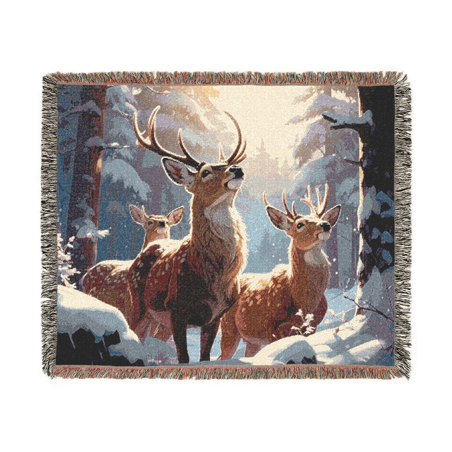 Cozy Wilderness Woven Blanket, Majestic Deer Winter Scene, Rustic Cabin Décor, Wildlife Home Comfort, Nature Lover Gift