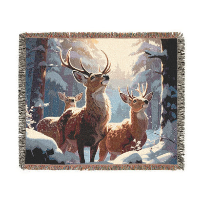 Cozy Wilderness Woven Blanket, Majestic Deer Winter Scene, Rustic Cabin Décor, Wildlife Home Comfort, Nature Lover Gift