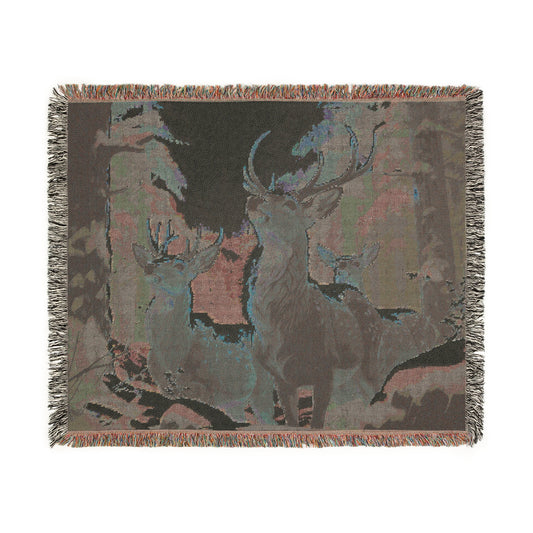 Cozy Wilderness Woven Blanket, Majestic Deer Winter Scene, Rustic Cabin Décor, Wildlife Home Comfort, Nature Lover Gift